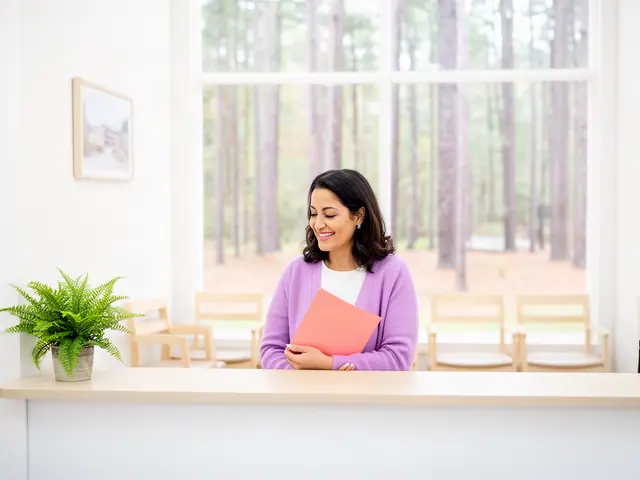 A clinic office manager holding a folder behind a reception counter.