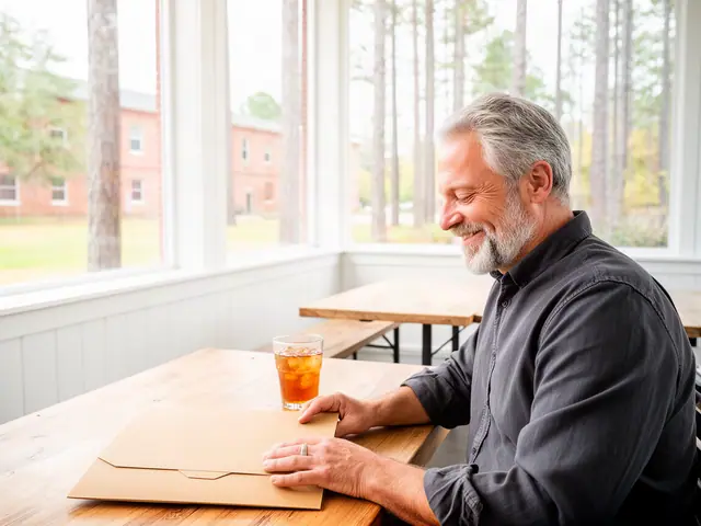 A restaurant owner seated with a folder in an empty dining room before opening.