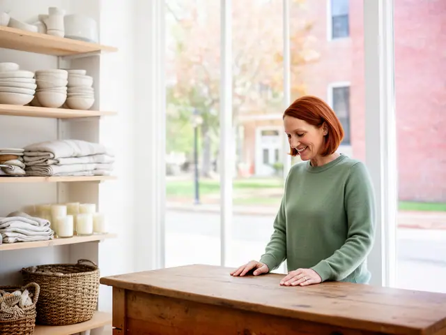 A shop owner behind the counter of a small home-goods and gift shop.
